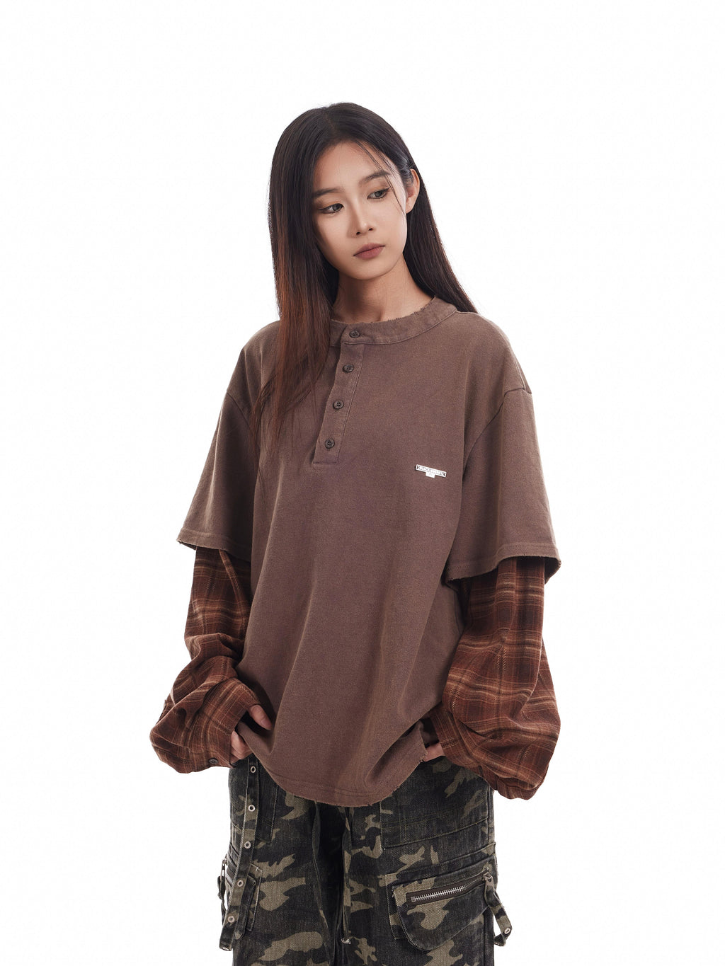 BTSG fake two-piece plaid splicing long sleeve tee