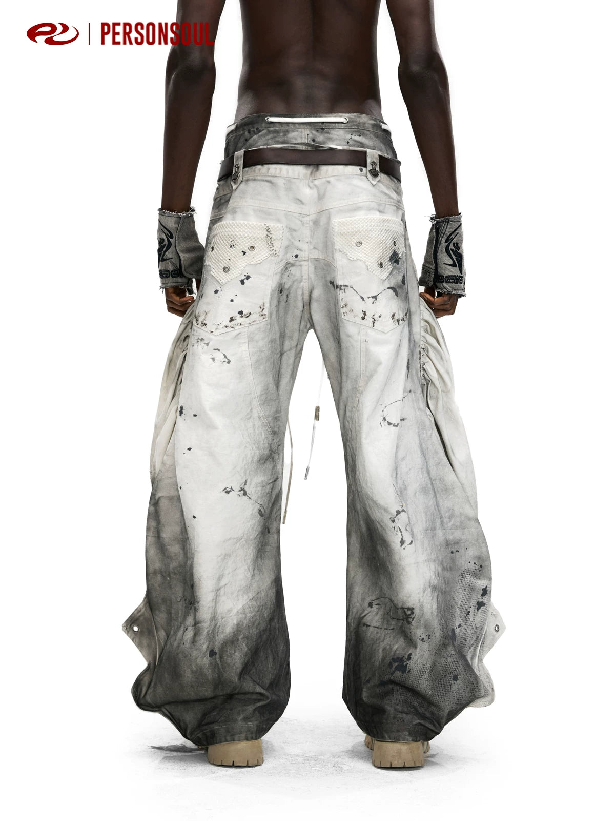 PERSONSOUL Inkjet Smudged Drawstring Jeans