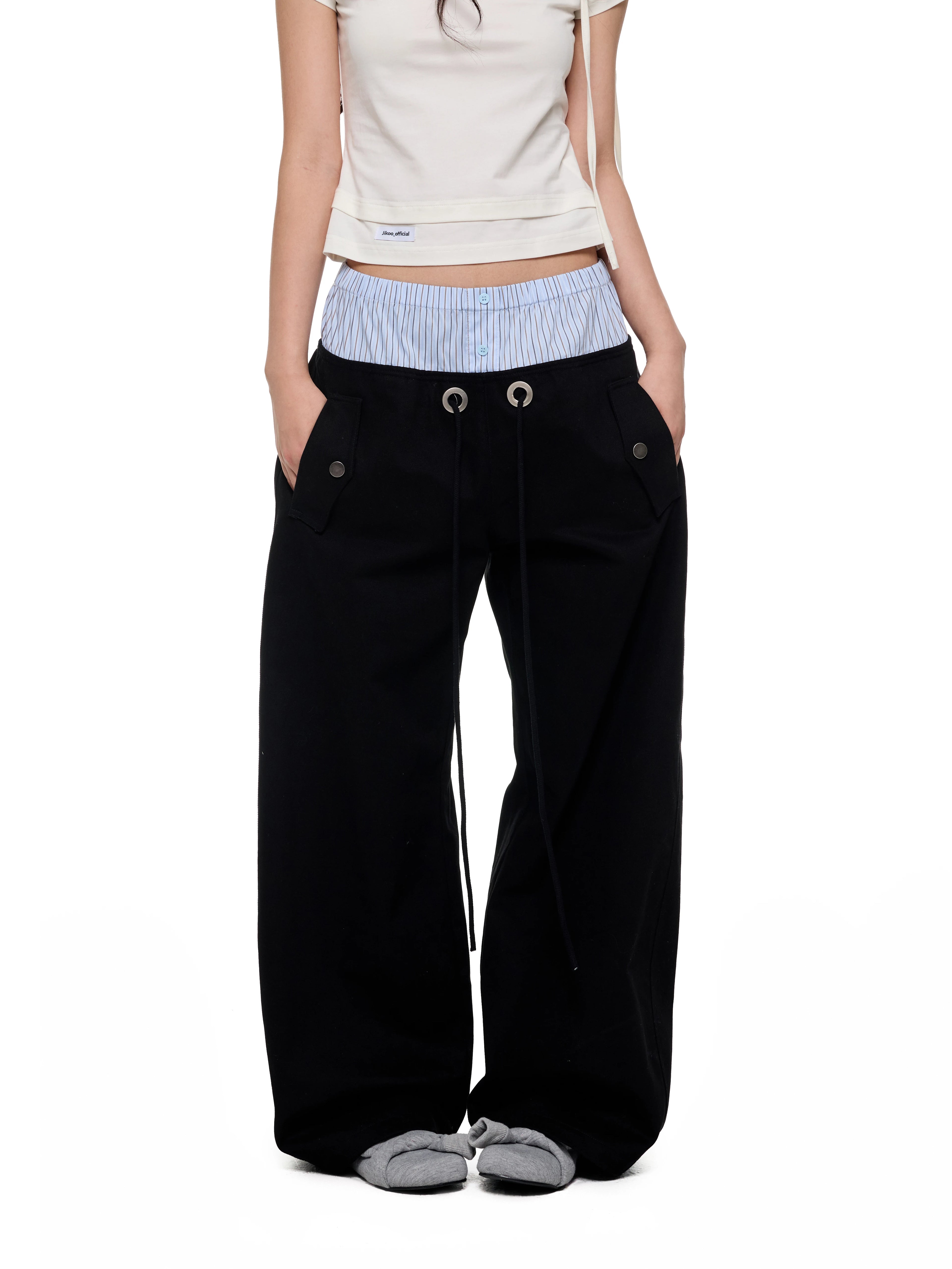 JIKOO Striped Patchwork Waistband Drawstring Work Pants