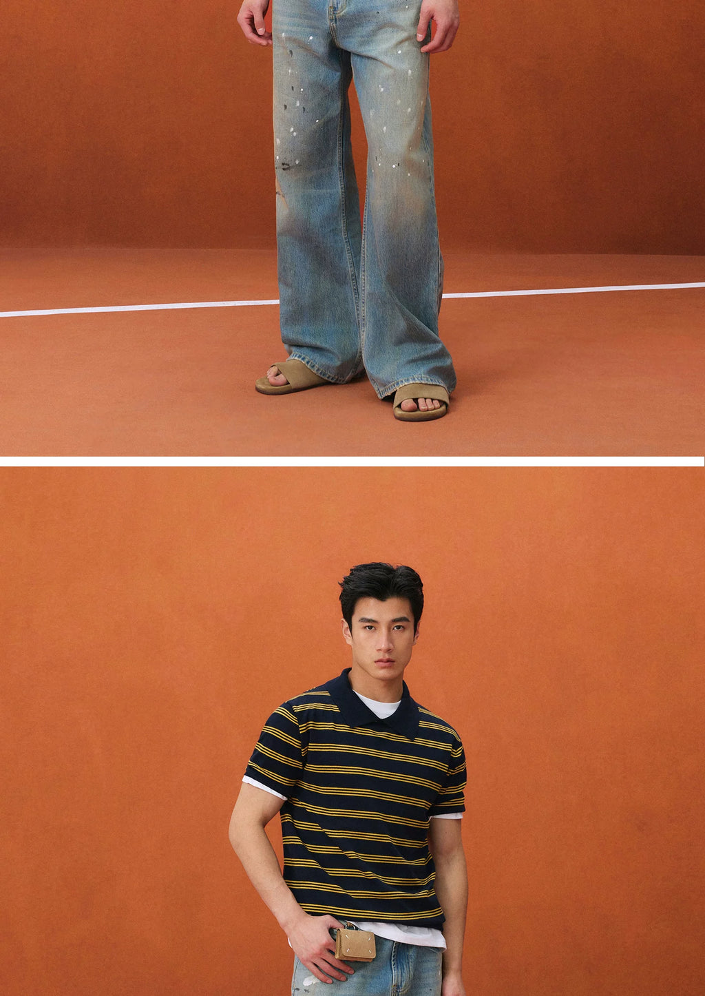 NO LOGO Contrasting Stripes POLO Crew Neck Light Tee