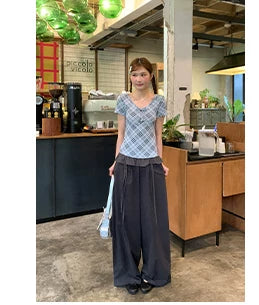 KANO Strap V-neck Contrasting Color Plaid Slim Tee