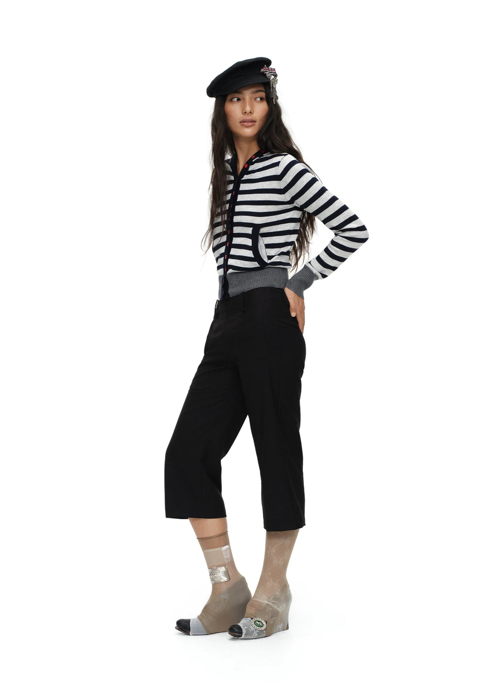 Oinimi Striped Color-blocked Hooded Knit Cardigan