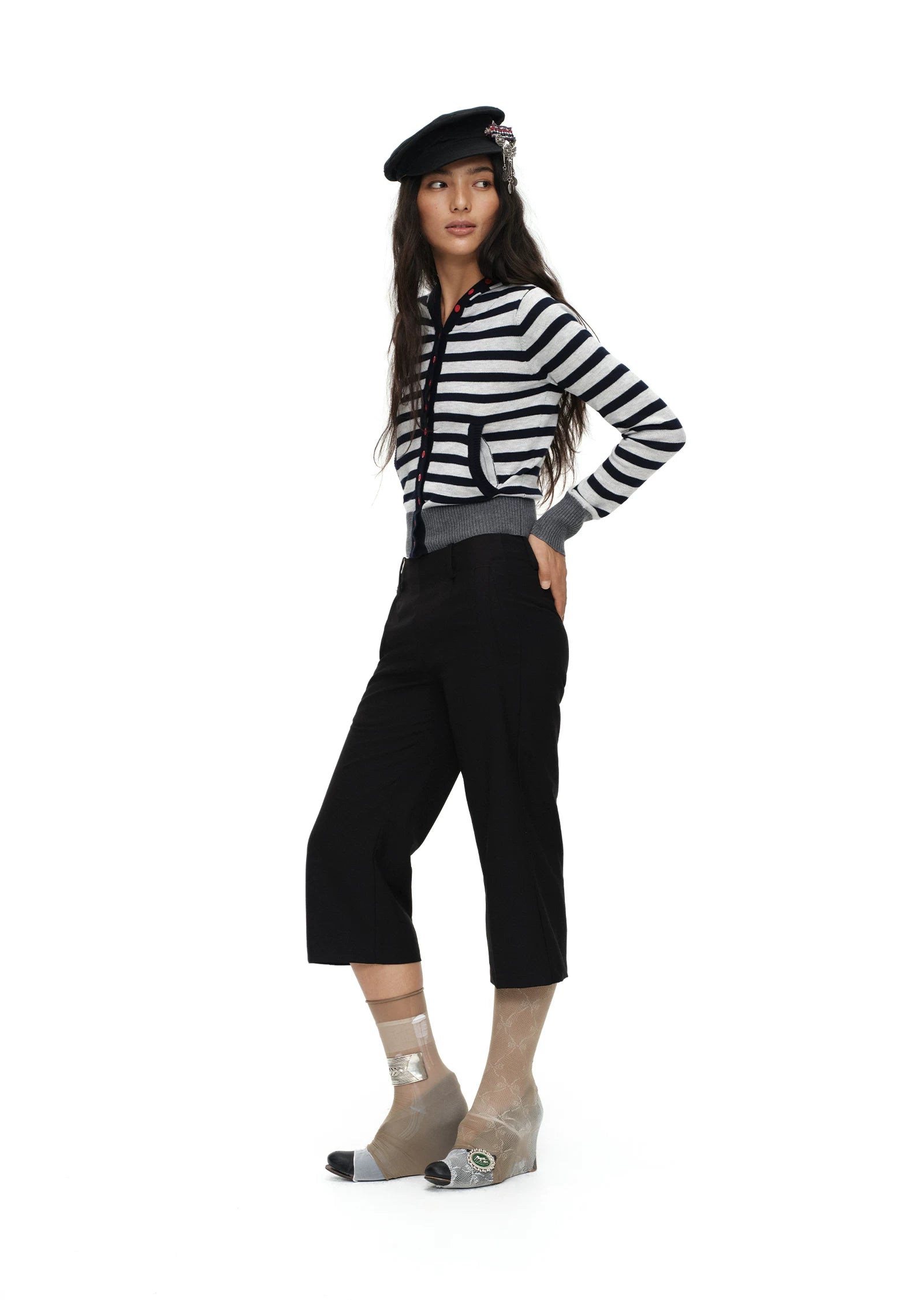 Oinimi Striped Color-blocked Hooded Knit Cardigan