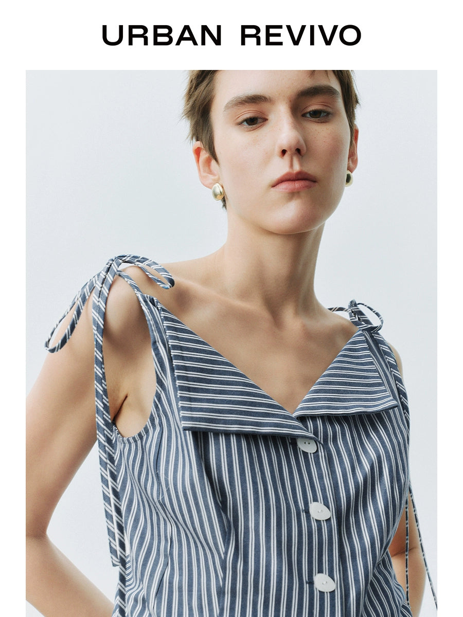 URBAN REVIVO Contrast Striped Lace-Up Sleeveless Open Shirt