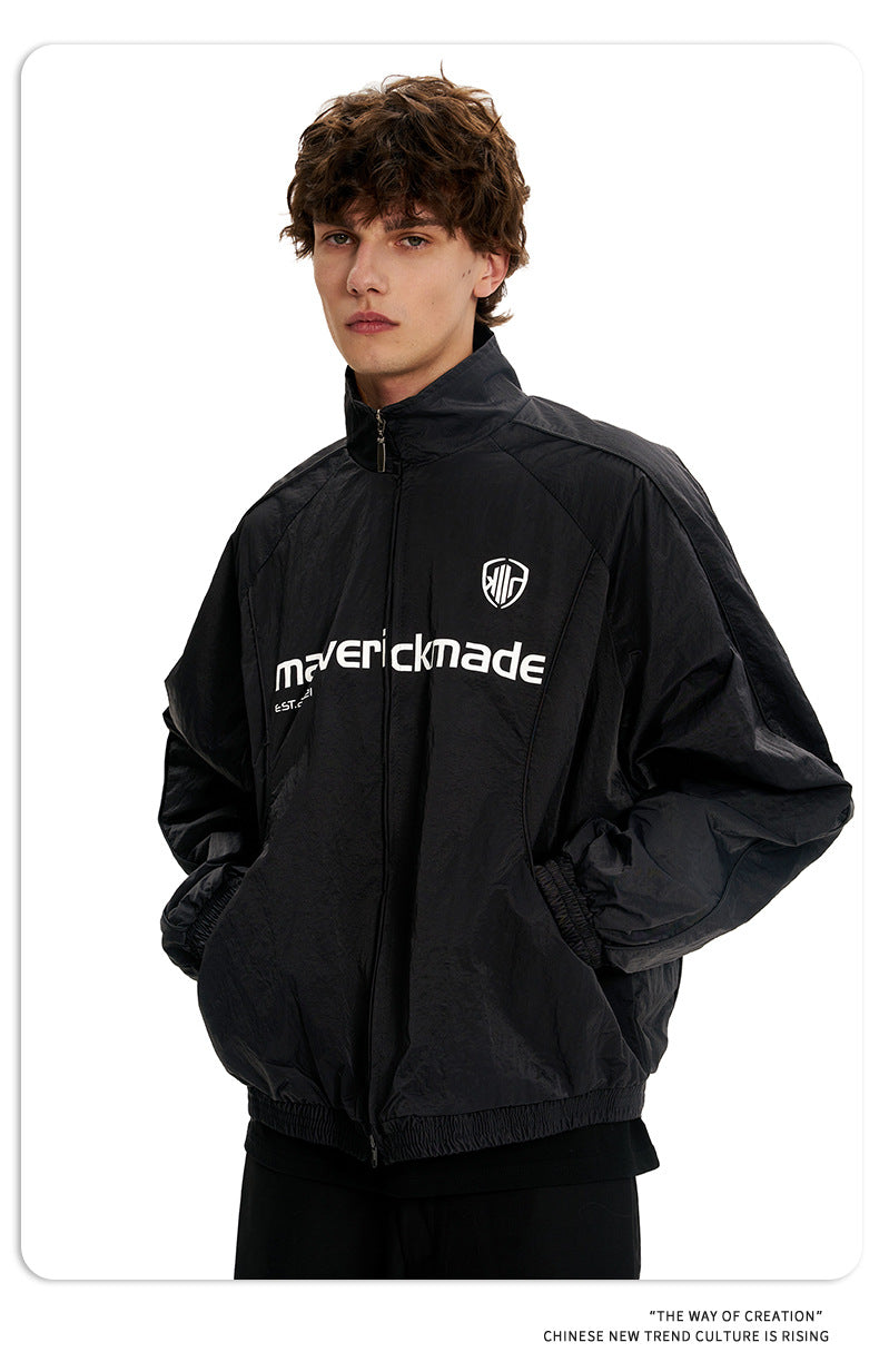 11KN Retro Digital Print Casual Loose Stand-up Jacket