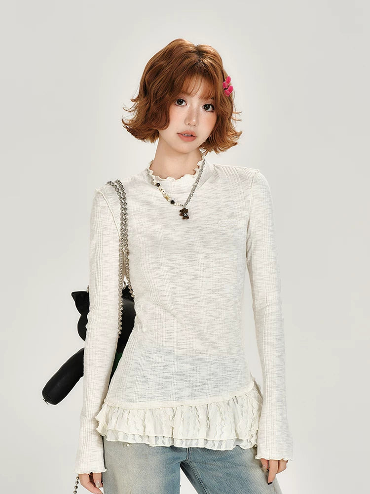 Girlyhalo Vintage Lace Paneled Crew Neck Long Sleeves