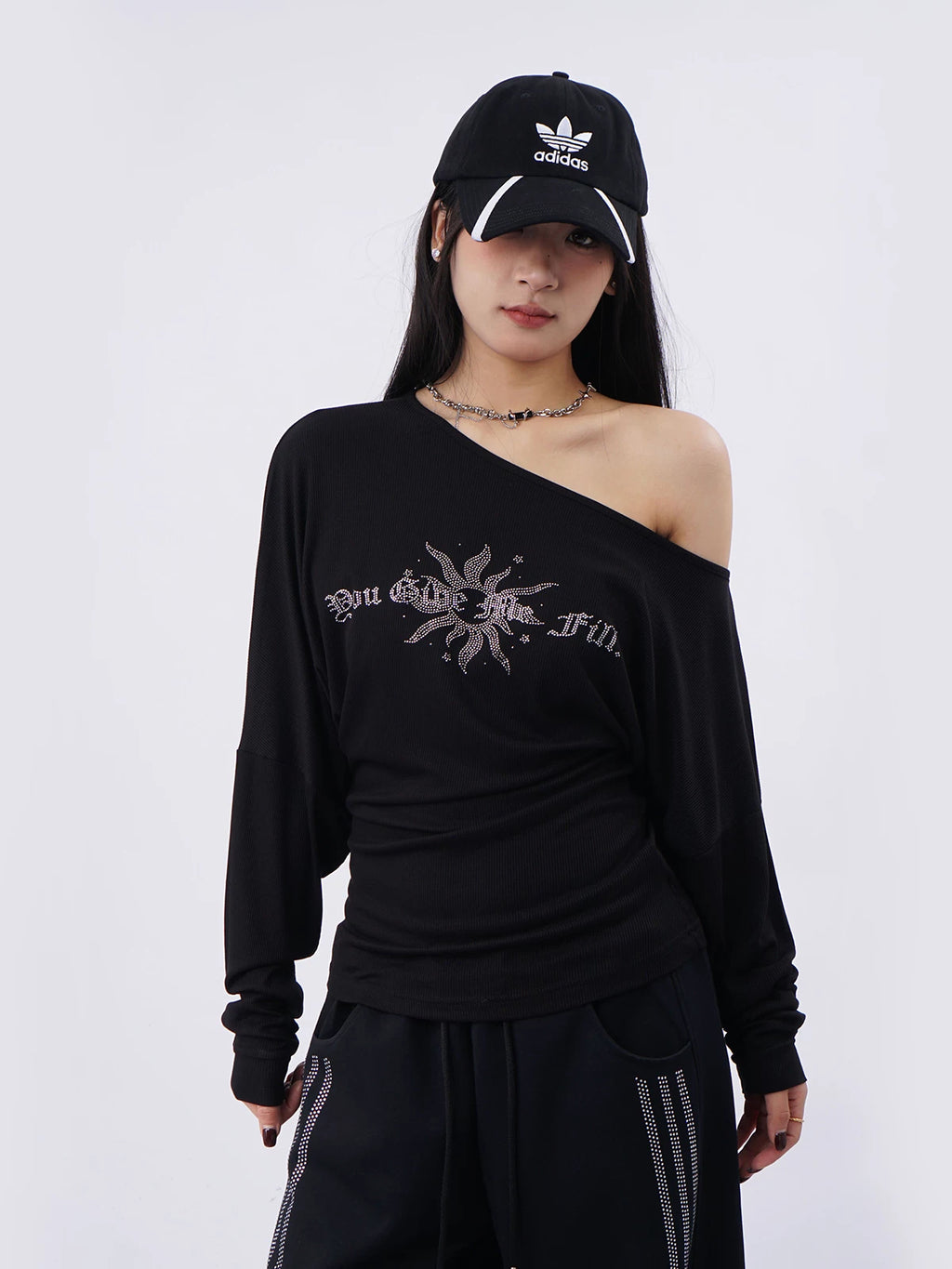 SAMUSAN Letter Hot Diamond Slash Shoulder Long Sleeve