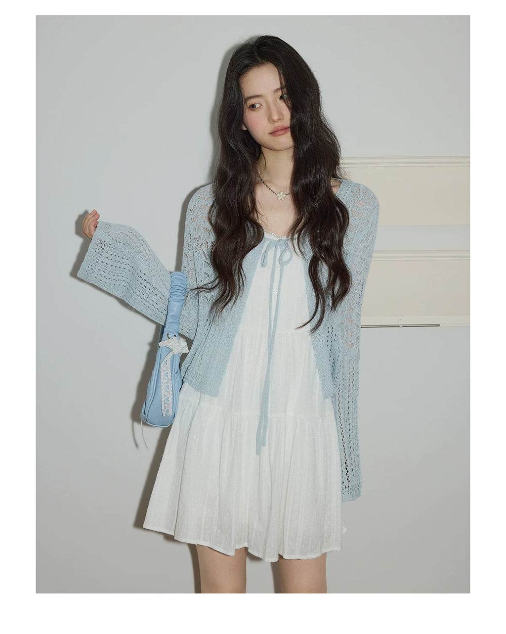 XUJING Lace-up Hollow-out Long-sleeved Knitted Cardigan