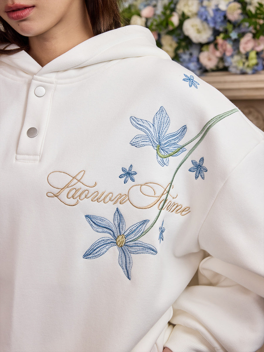 Harshandcruel HACR Chinese Over-the-Shoulder Blue Floral Embroidery Hoodie