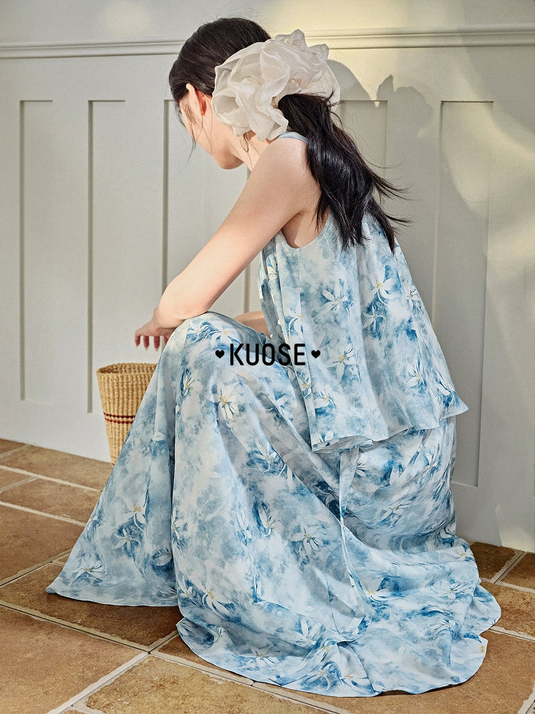 Kuose Floral Sleeveless Vest Top Skirt Two-piece Set