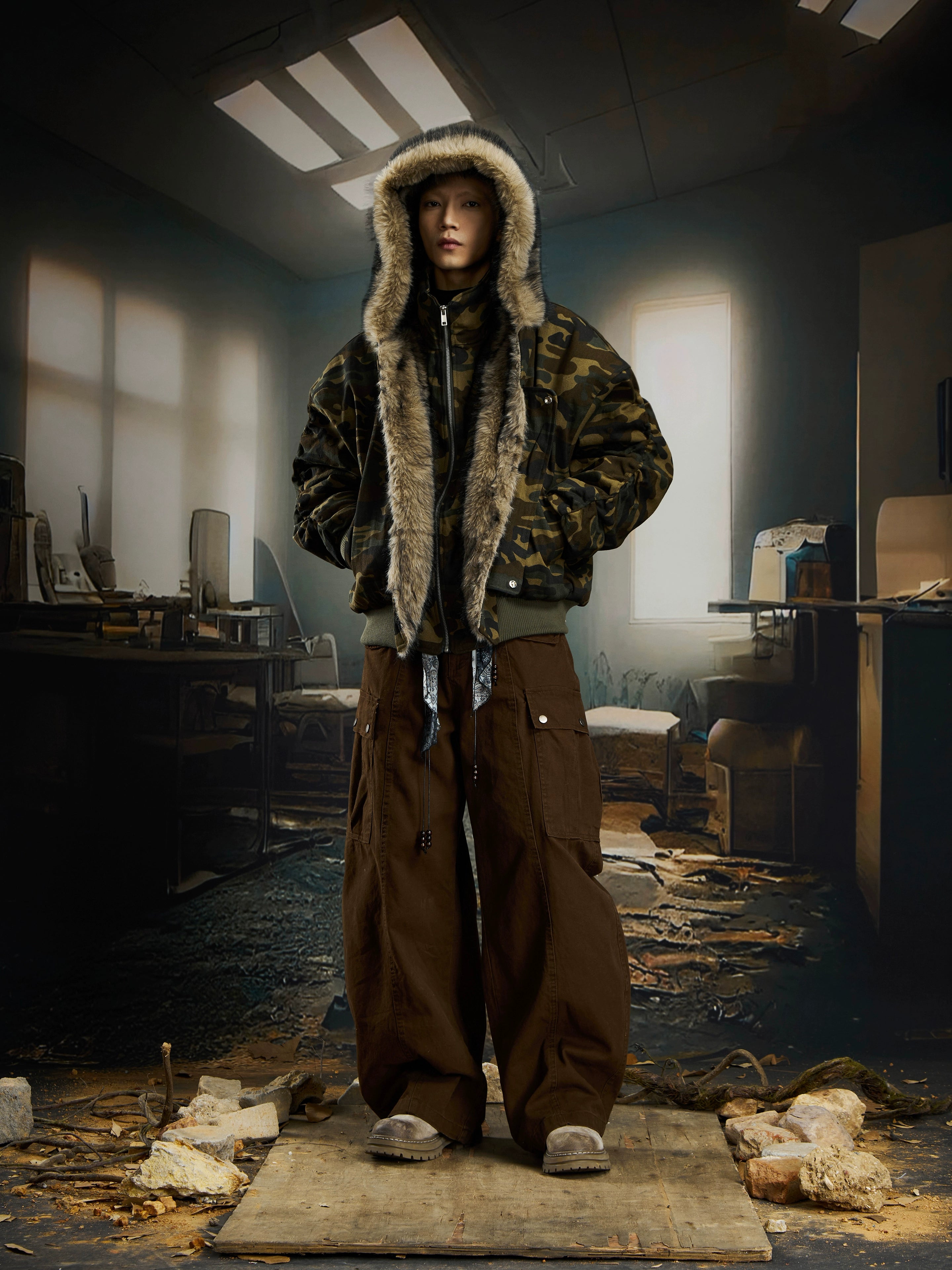 NOMANIAI Camouflage Stand-up Collar Hooded Flight Jacket