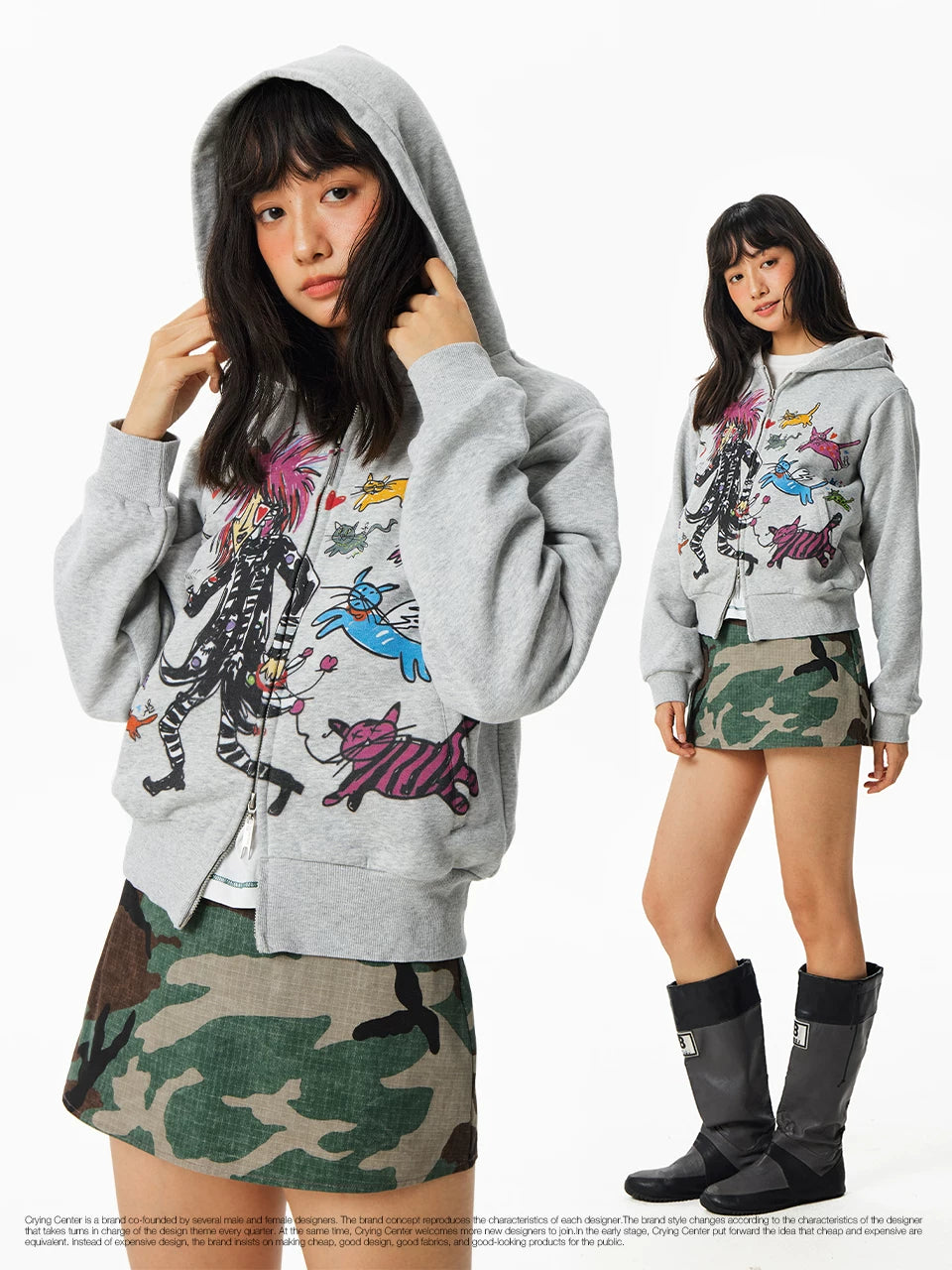 CryingCenter Kitten Print Front Shoulder Fleece Sweater Jacket