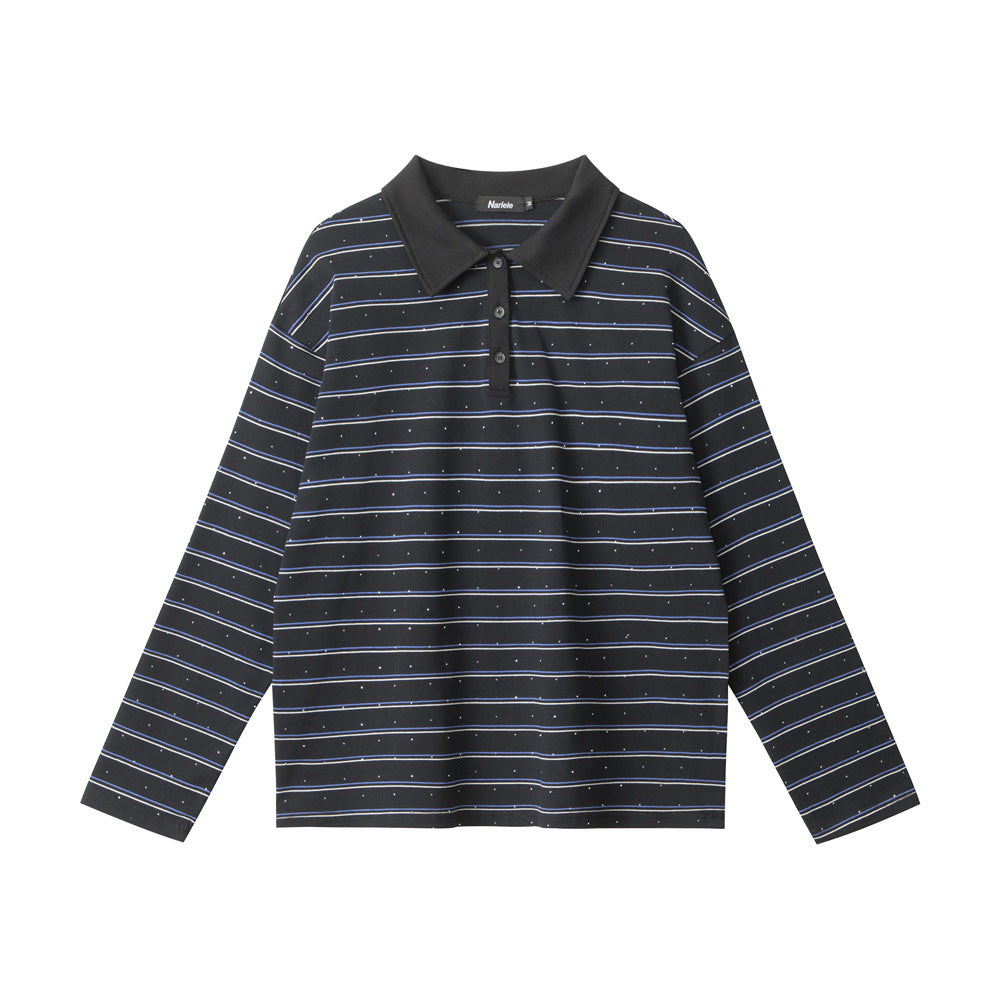 Nariele Hot Diamond Striped Loose Long Sleeve Polo Shirt