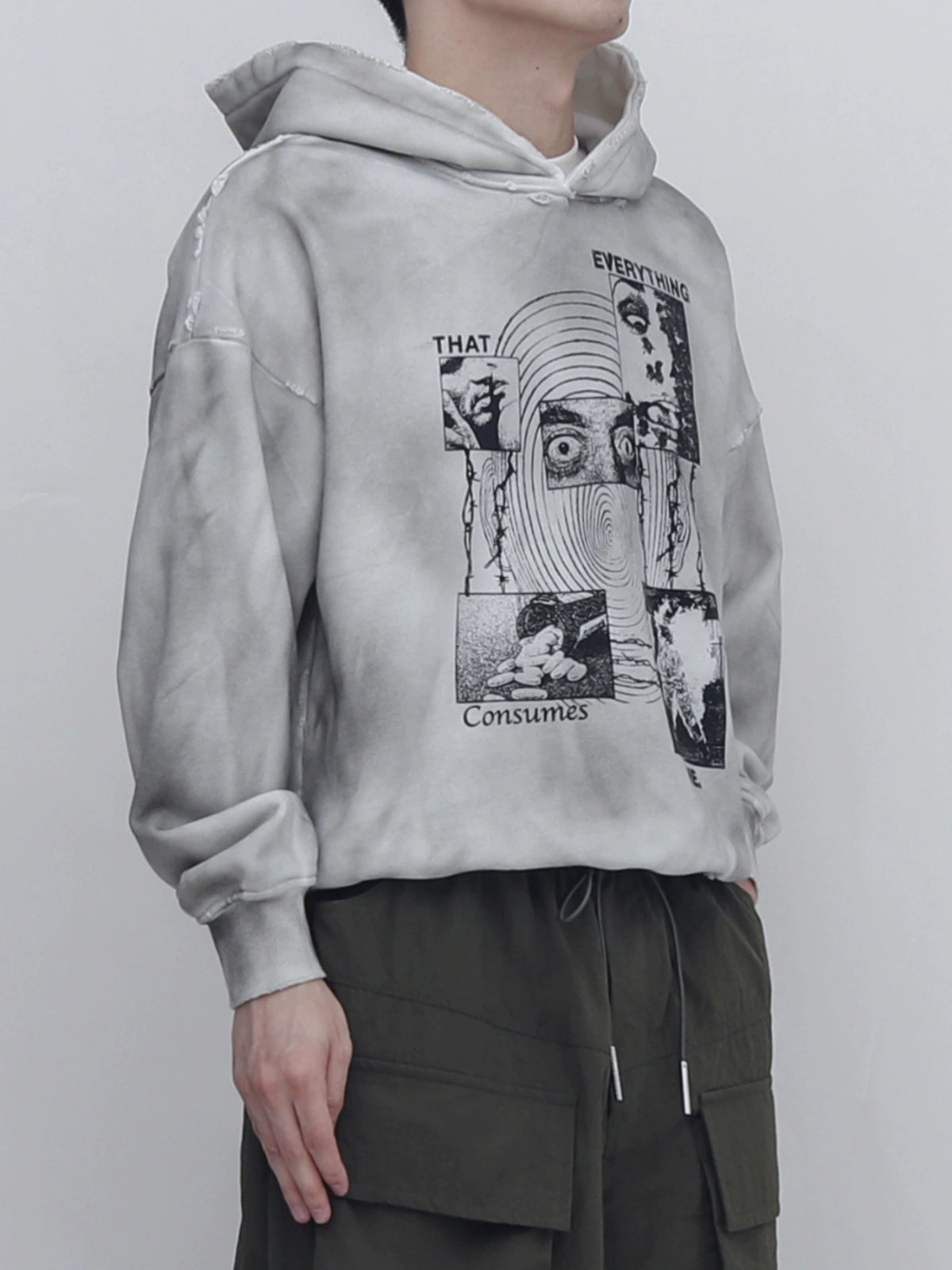 PERDU Dirty Dye Old Wash Water Damage Print Hooded Sweater