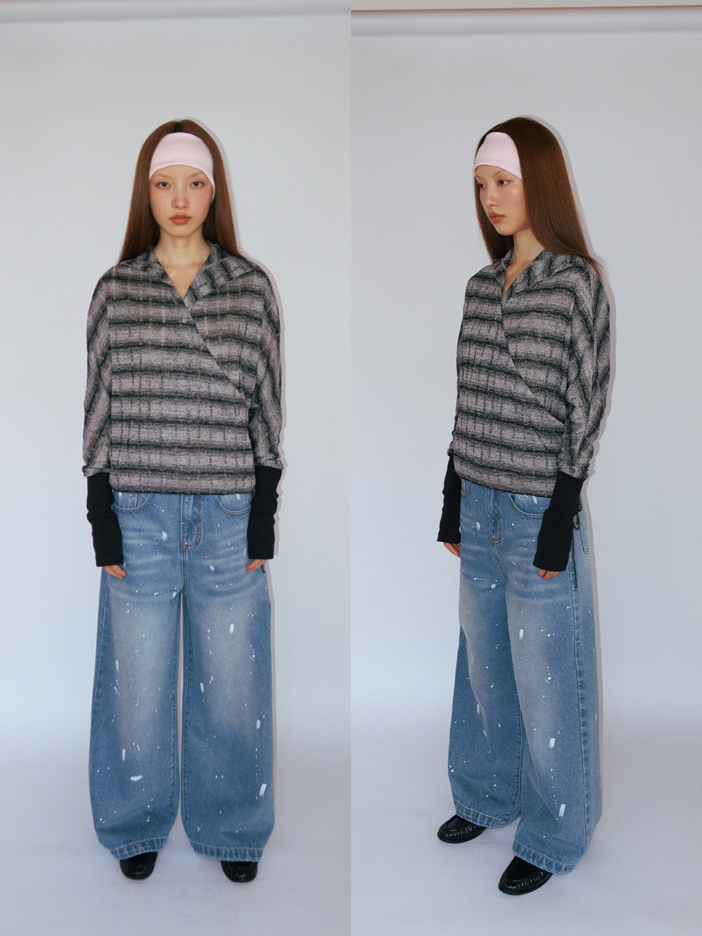 FUNKYFUN Small Turtleneck Hollow Striped Splicing Tee