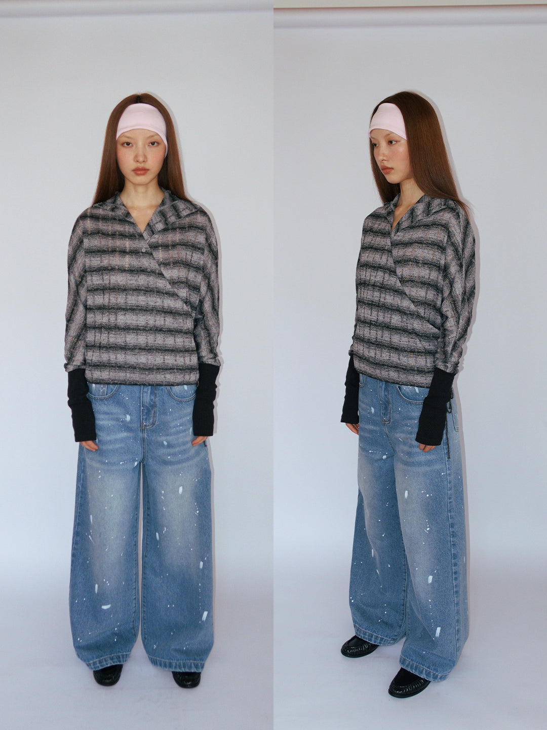 FUNKYFUN Small Turtleneck Hollow Striped Splicing Tee