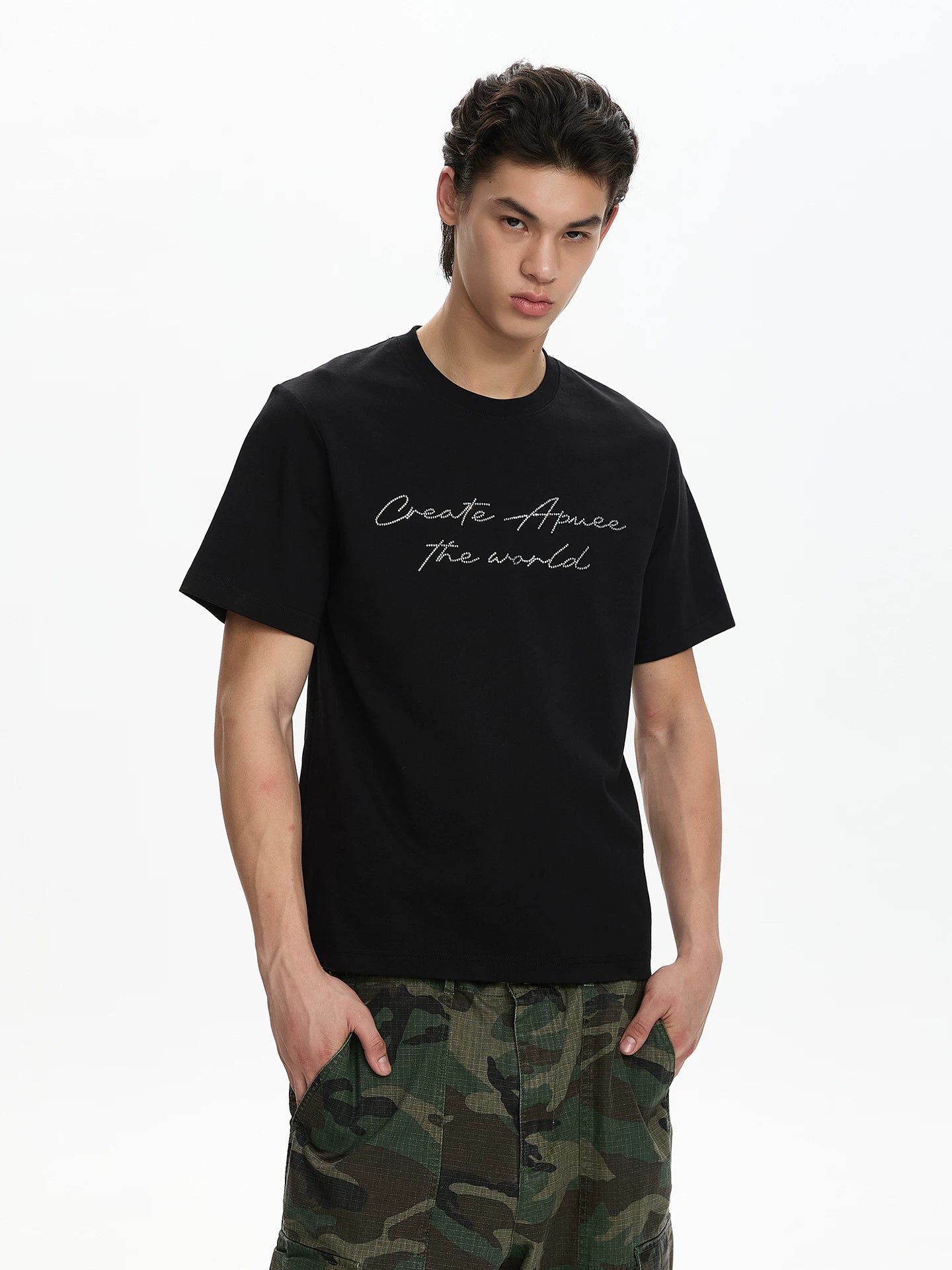 A PUEE Vintage Premium Letter Hot Diamond Shoulder Tee