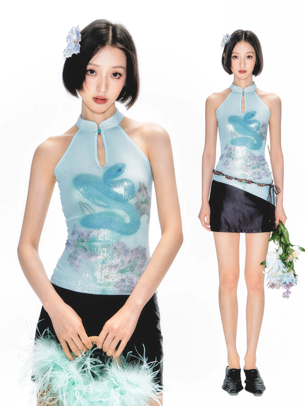 YEDM Printed Sleeveless Stand-up Collar Short Vest