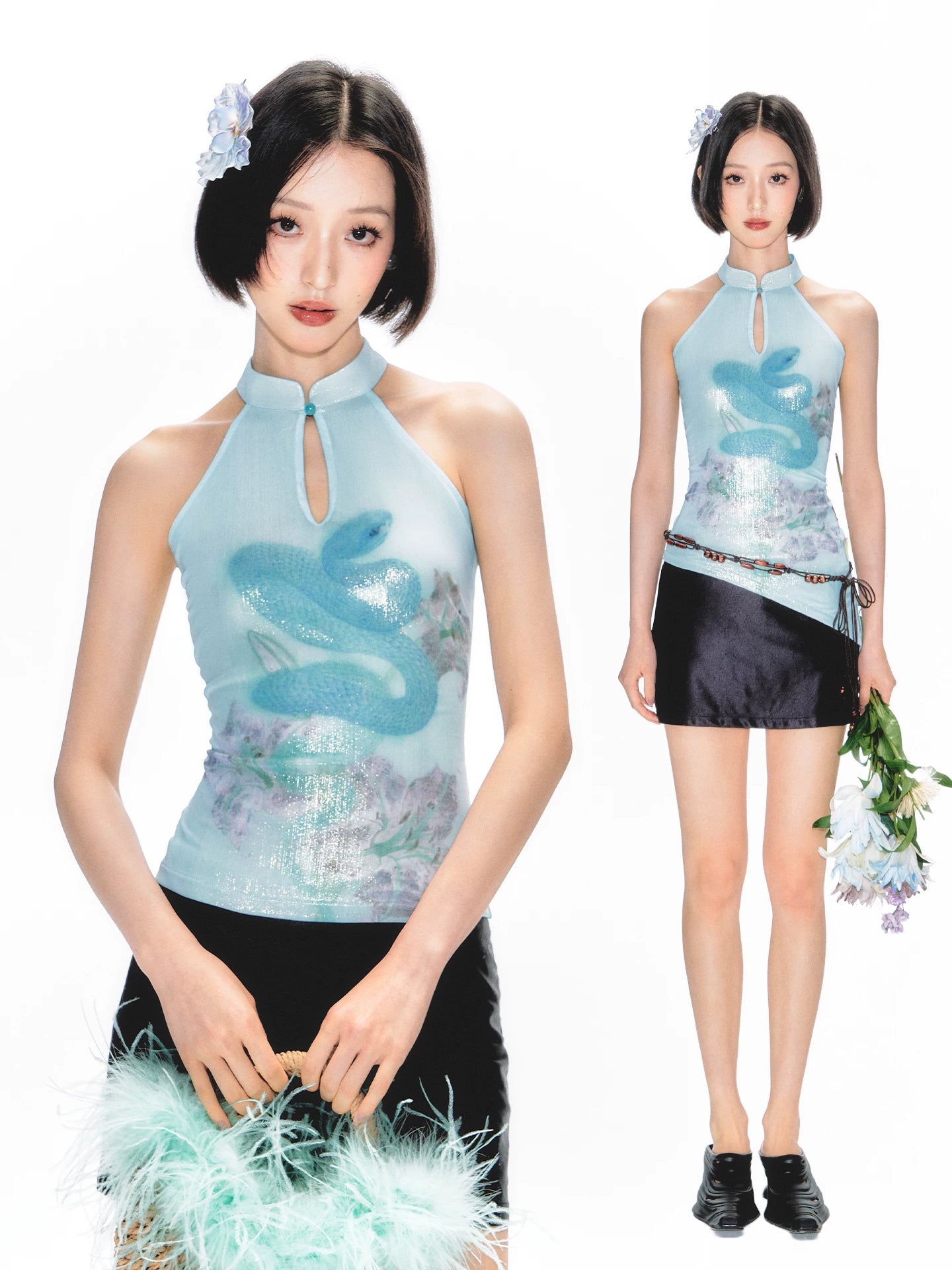 YEDM Printed Sleeveless Stand-up Collar Short Vest