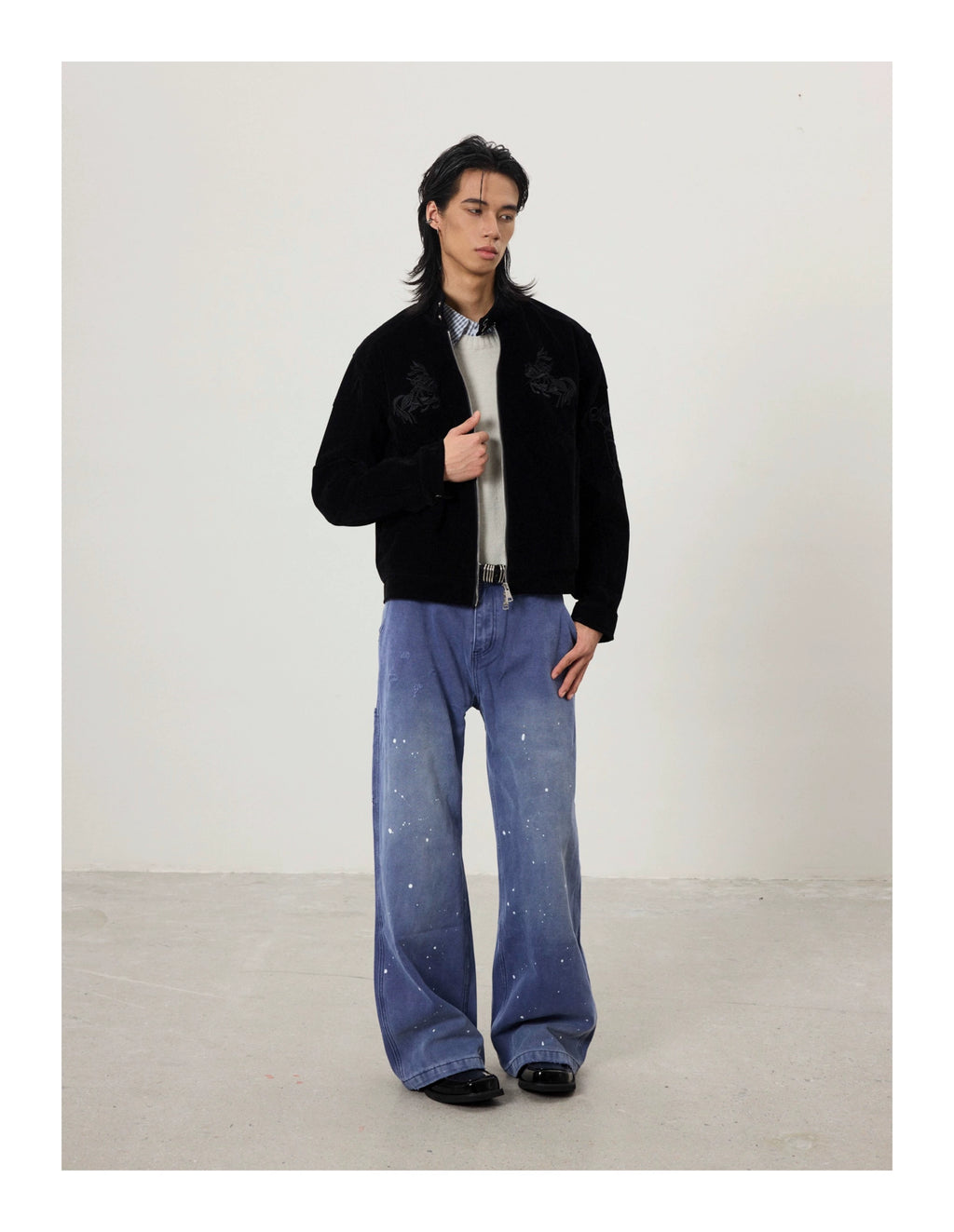 BTSG Vintage Embroidered Suede Stand-Up Jacket