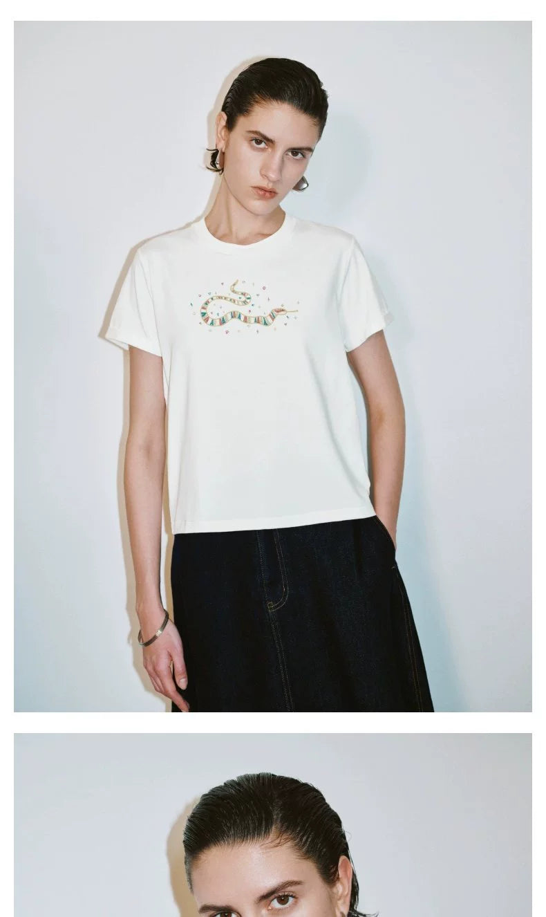 URBAN REVIVO Fun Casual Embroidery Curled Short Sleeve Tee