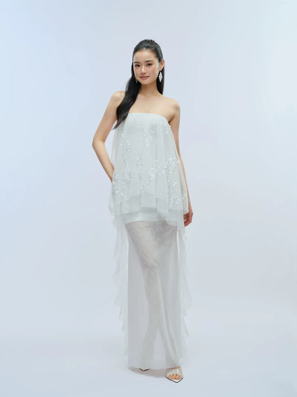 J TheChosen Pleated Sequined Streamer Lace Mesh Skirt Set