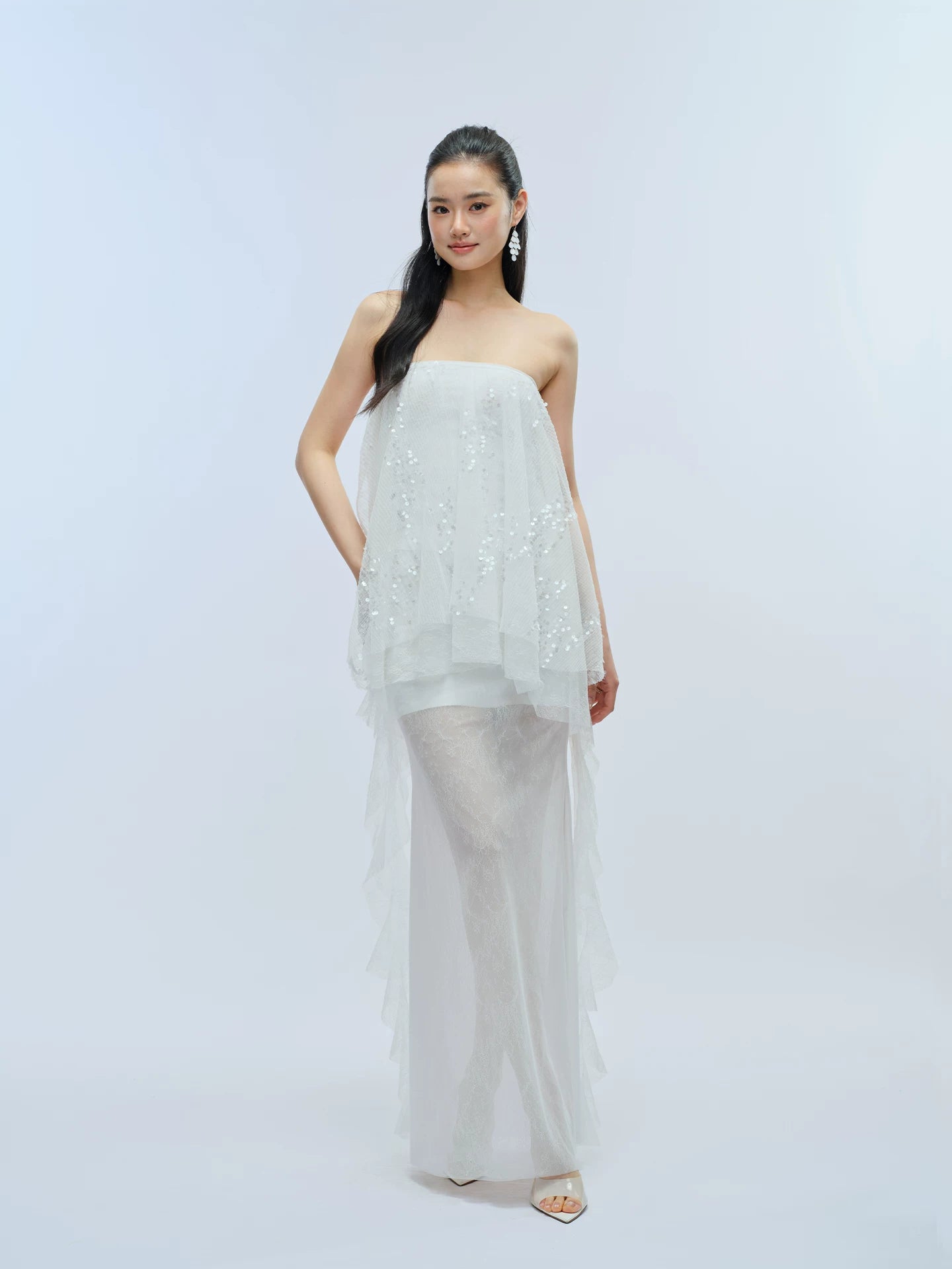 J TheChosen Pleated Sequined Streamer Lace Mesh Skirt Set