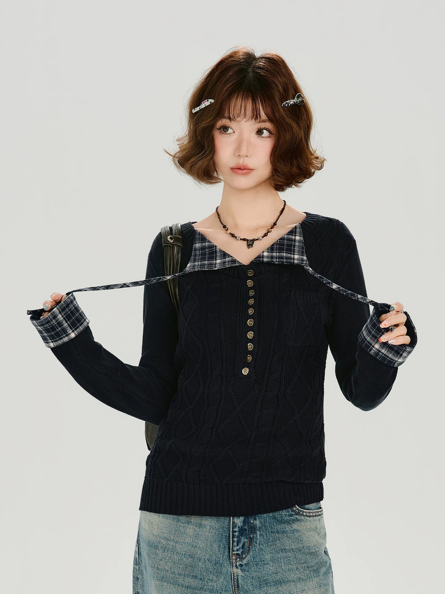 Girlyhalo Vintage Plaid Lapel Knitted Twist Long Sleeve