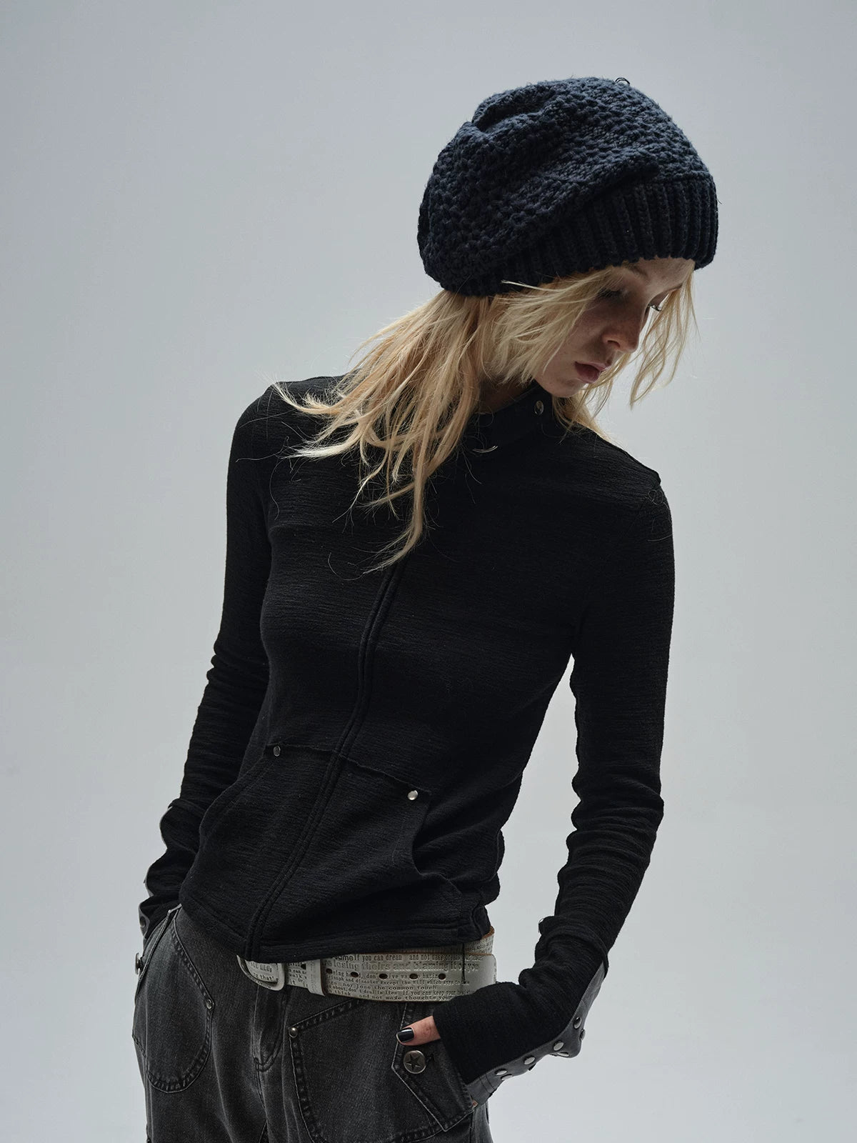 WearAndtear Stitching Rivet Neckline Slim Stand-up Collar Jacket