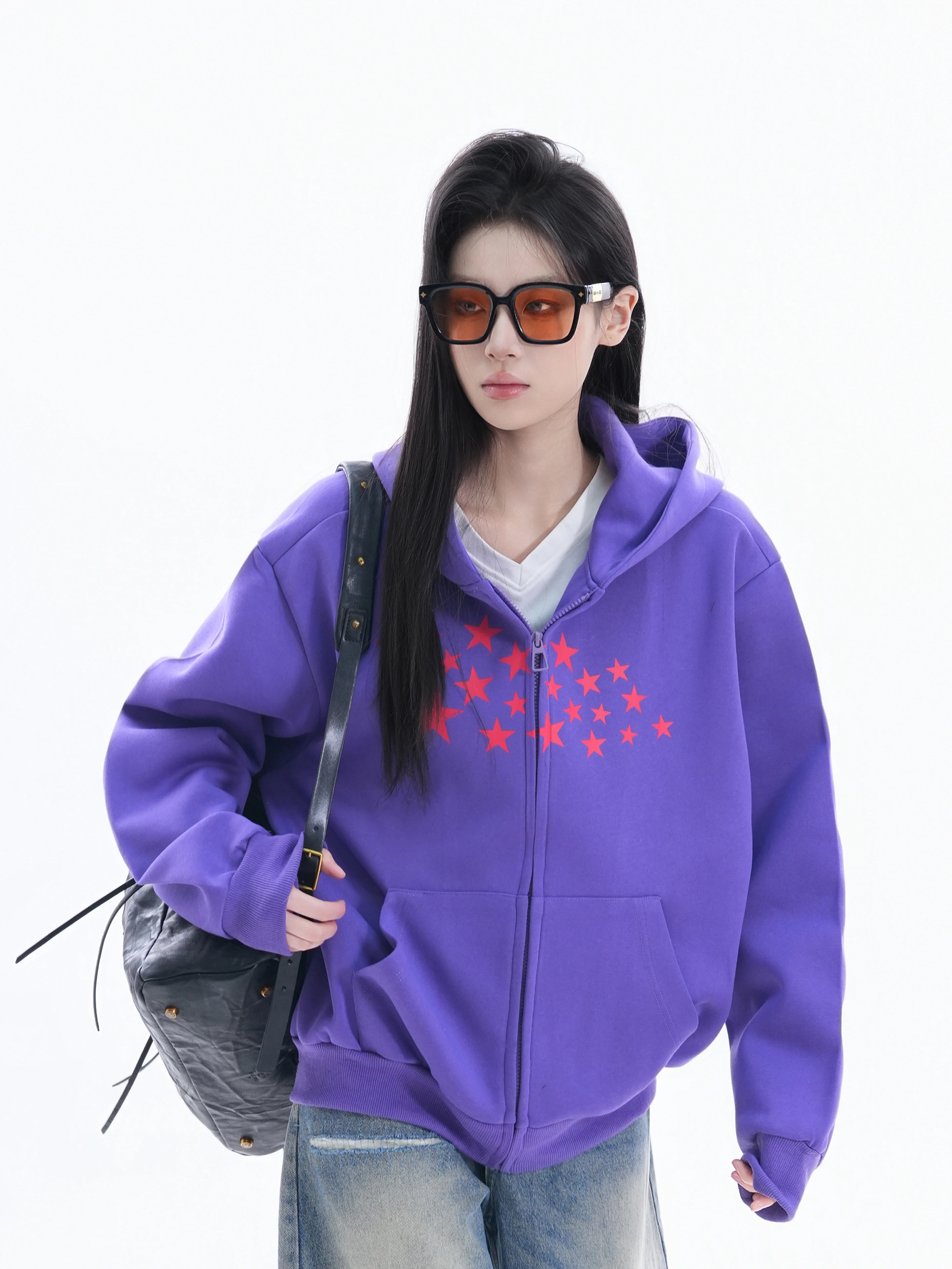 Zuocisankon Korean Printed Star Hooded Sweater Jacket