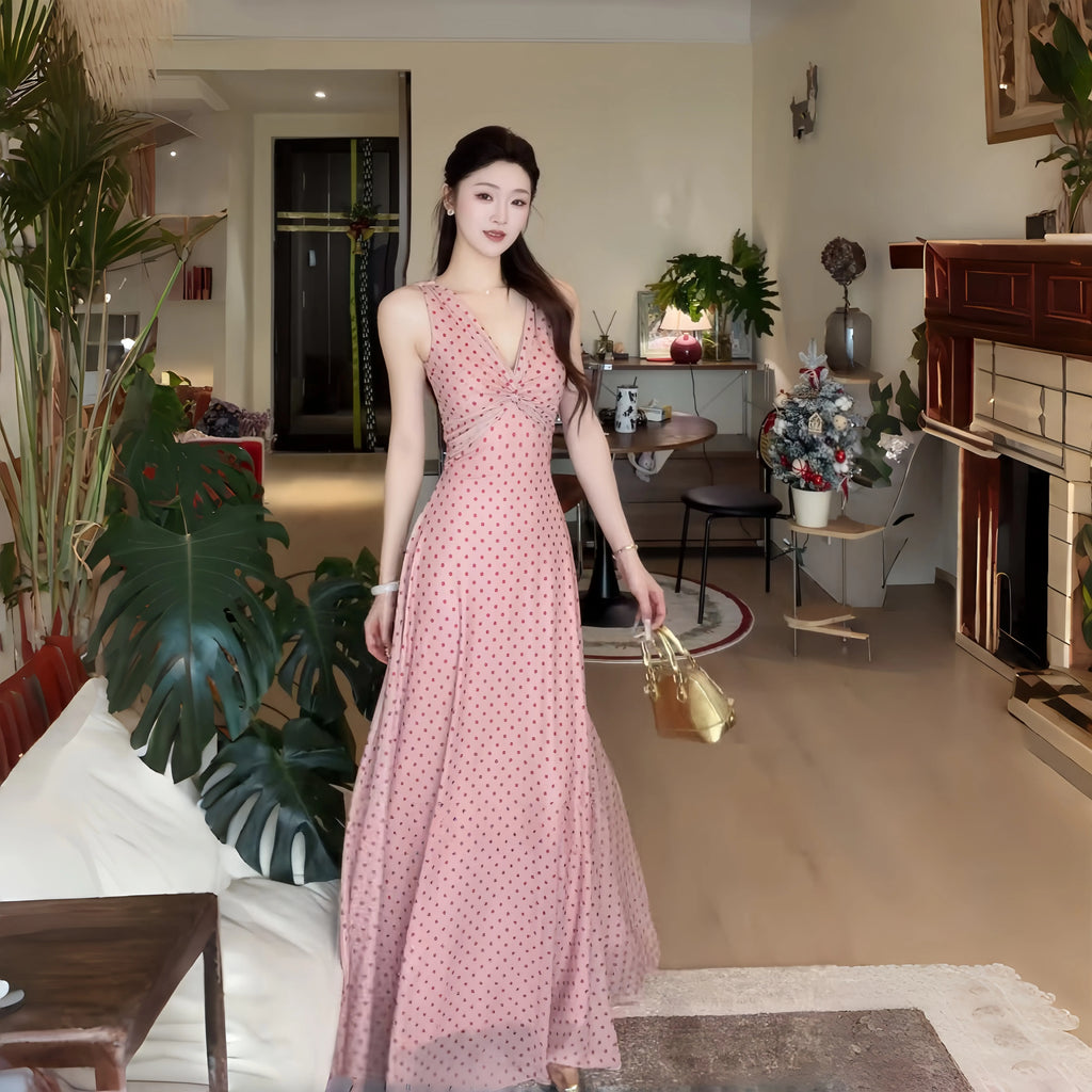 INSTUNNING Vintage Polka Dot V-Neck Sleeveless Long Dress