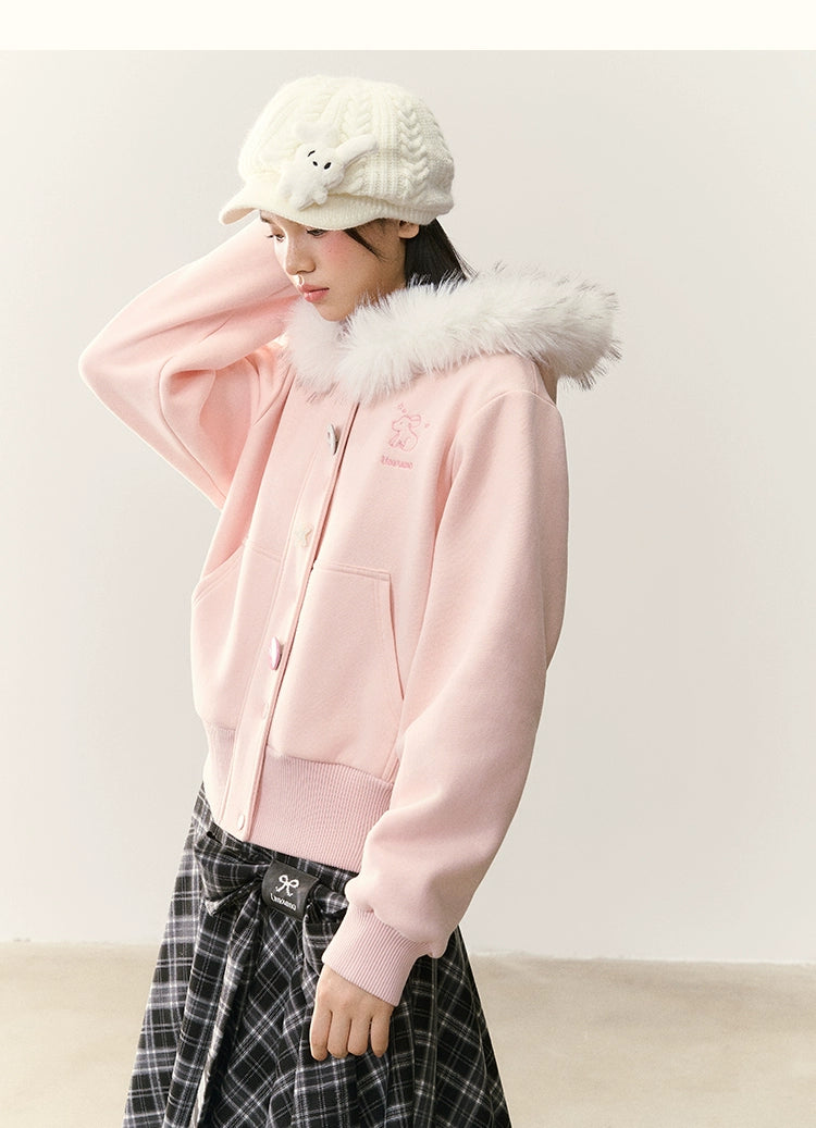 Umoumo Loose Puppy Embroidered Fur Collar Hooded Fleece Sweater