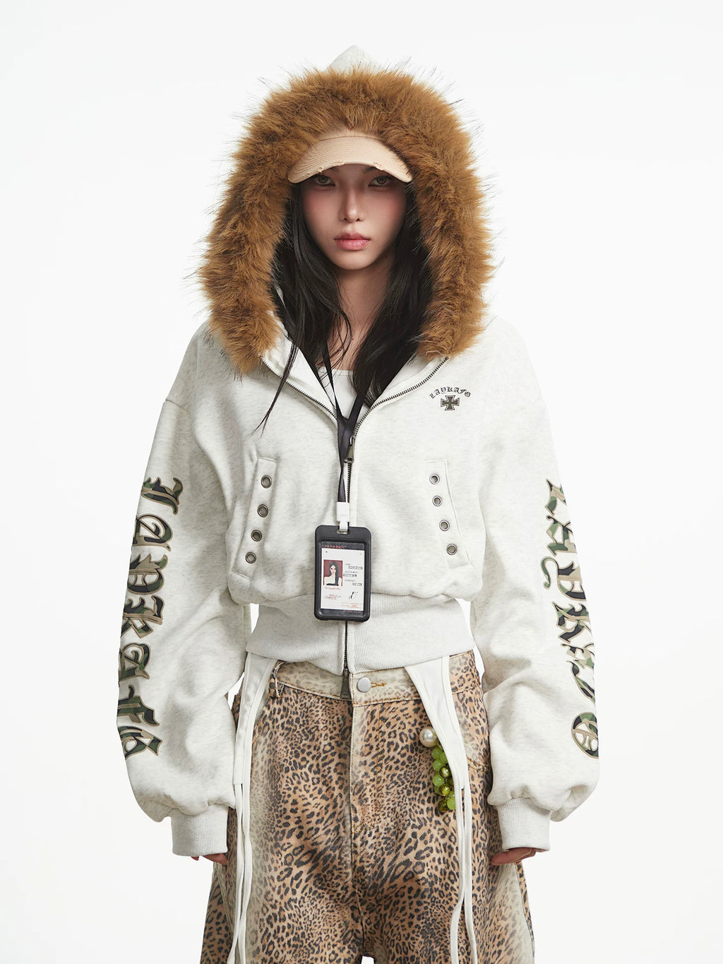 UNCMHISEX Fur-neck Letter-embroidered Short Cardigan Jacket