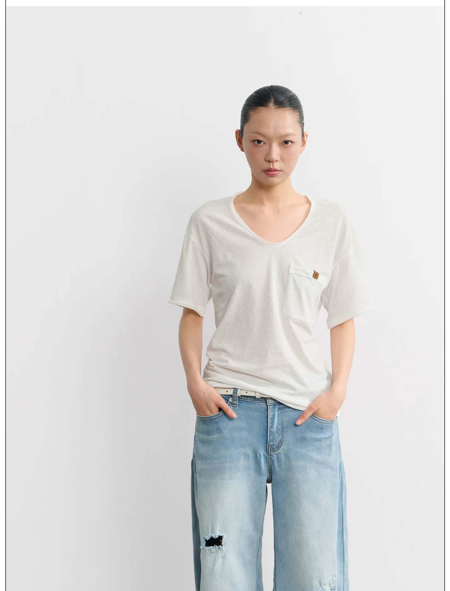 LINY LIBERTY Vintage V-neck Slack Hemming Casual Tee