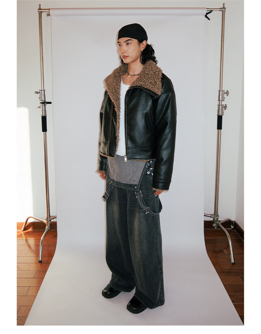 FUNKYFUN Leather Contrasting Spliced Cotton Jacket