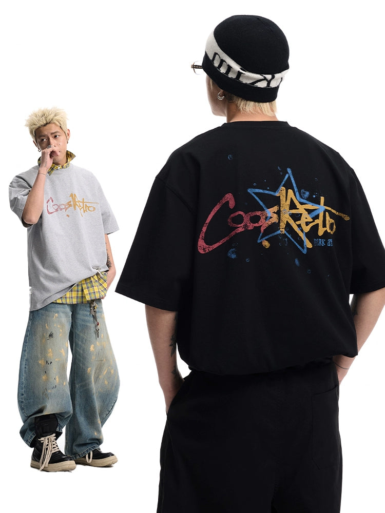 CoosRetro Retro Front and Rear Logo Print Casual Short Sleeve