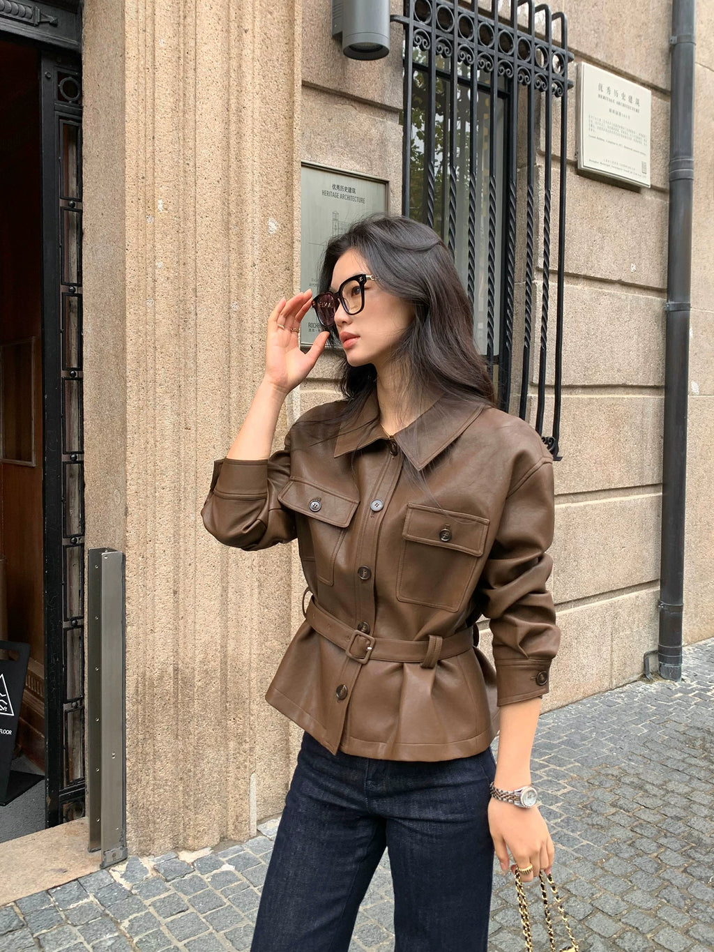 Pusumede Pu Leather Lapel Waist Jacket