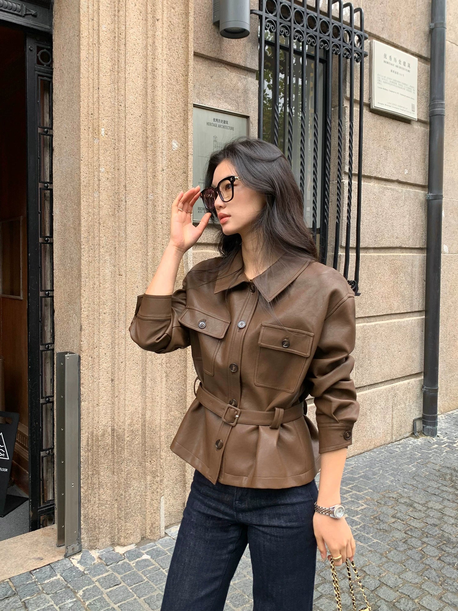 Pusumede Pu Leather Lapel Waist Jacket