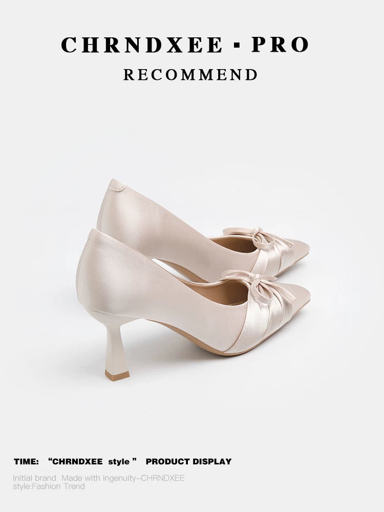 CHRNDXEE Satin Bow Square Head Light Mouth High Heels