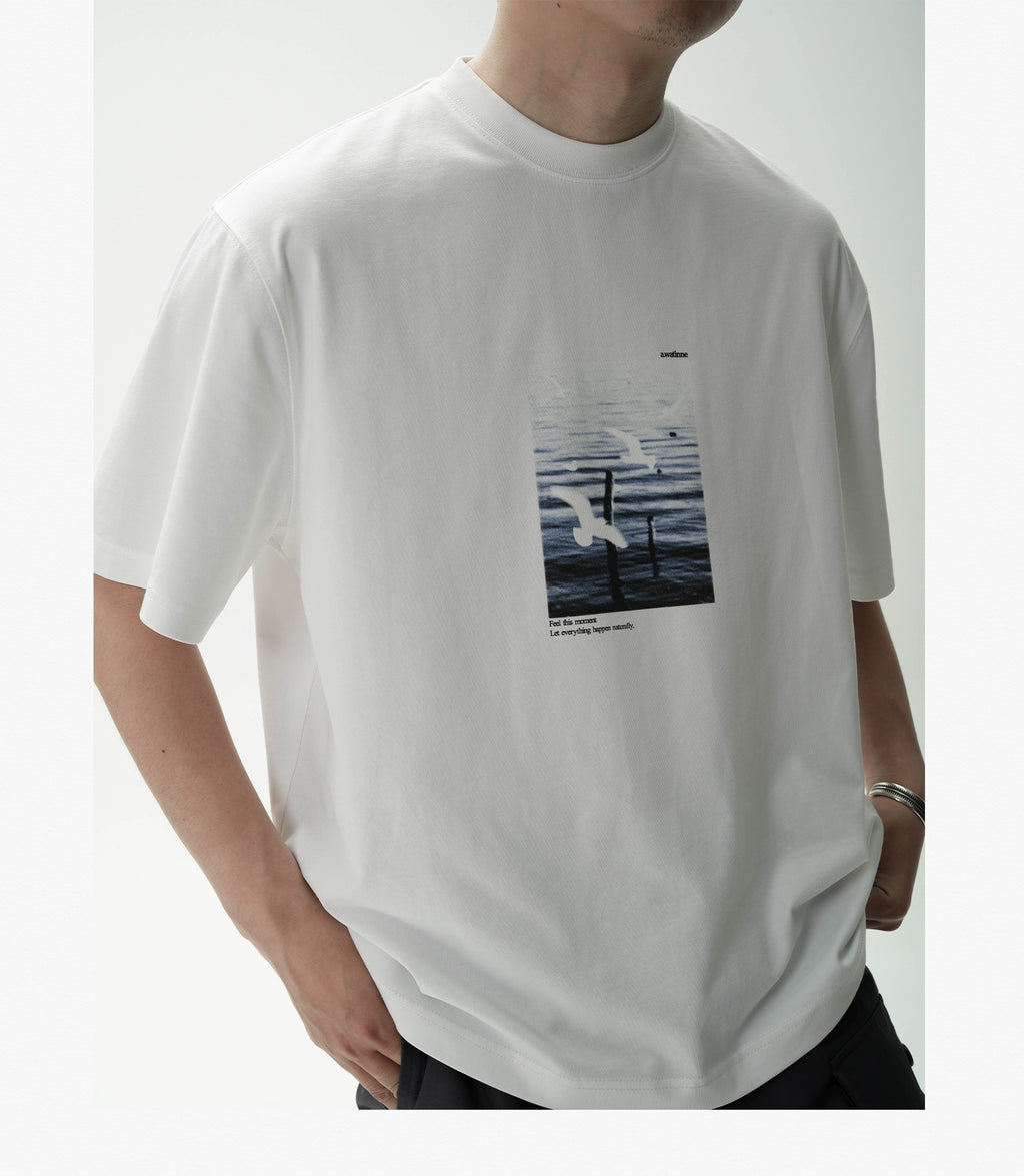 AWT Landscape Flying Bird Direct Injection Printing Loose TEE