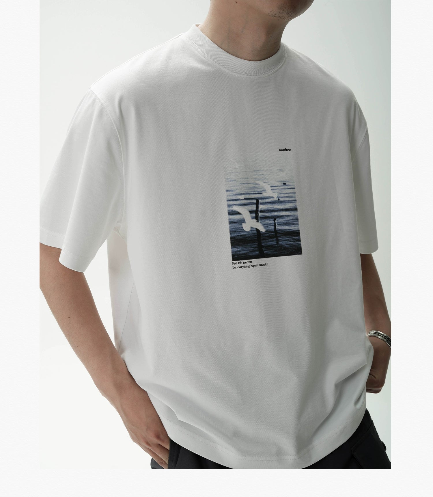 AWT Landscape Flying Bird Direct Injection Printing Loose TEE