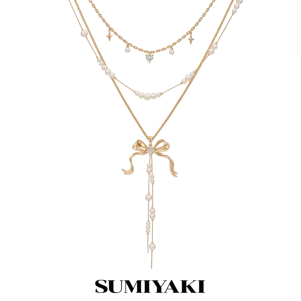 SUMIYAKI Bow Multi-layer Pearl Collarbone Necklace