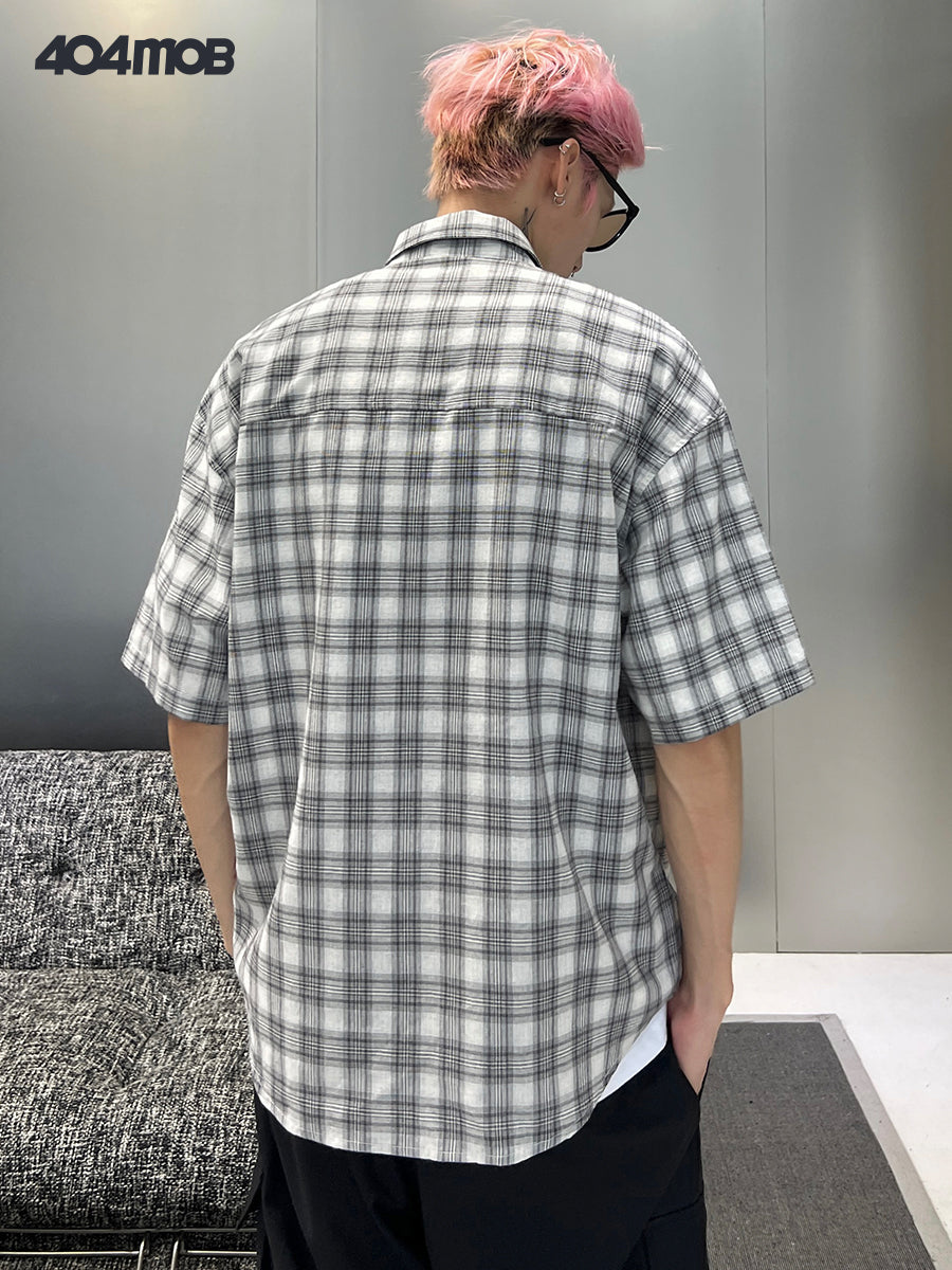 404MOB pure cotton black and white plaid short-sleeved shirt