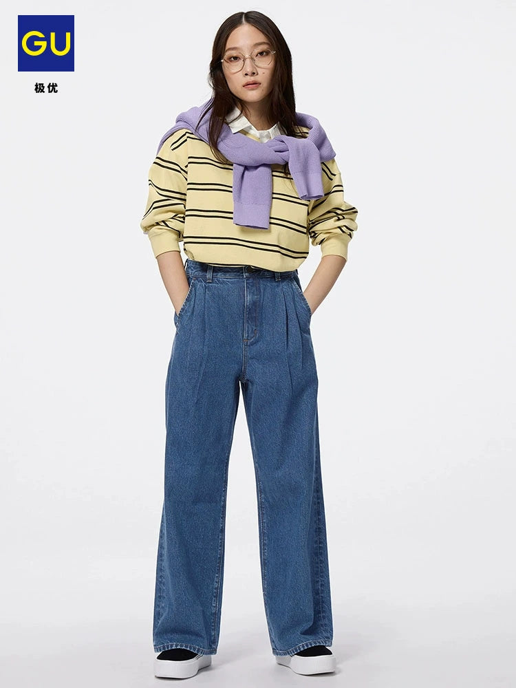 GU Denim Pleated High-waisted Loose Trousers