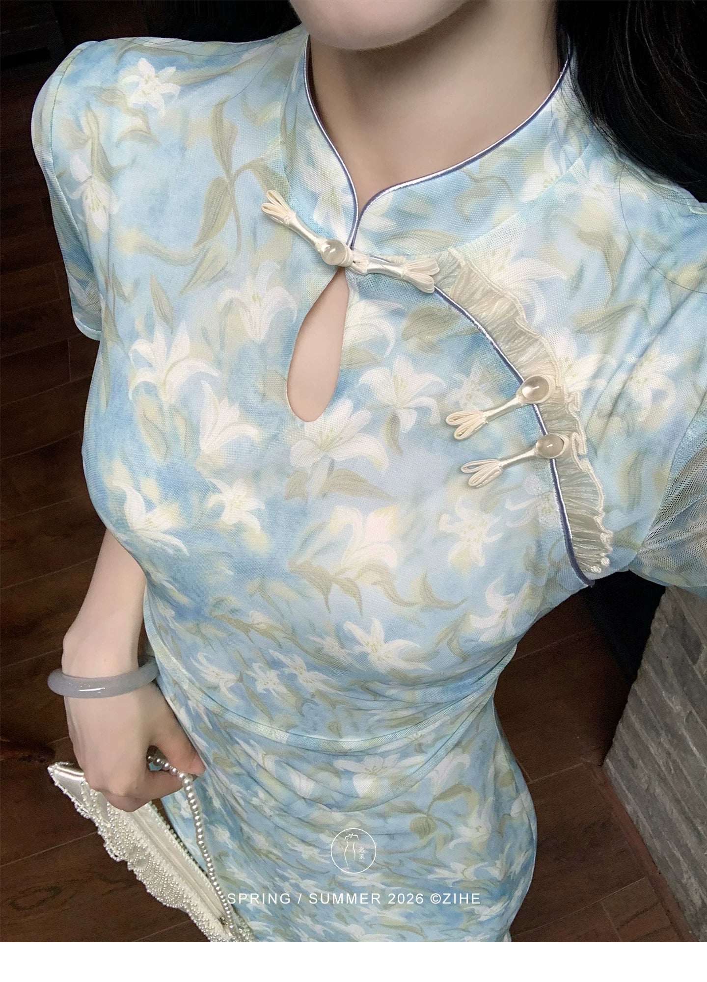 ZIHE Floral Mesh Stretch Cheongsam Slim Dress