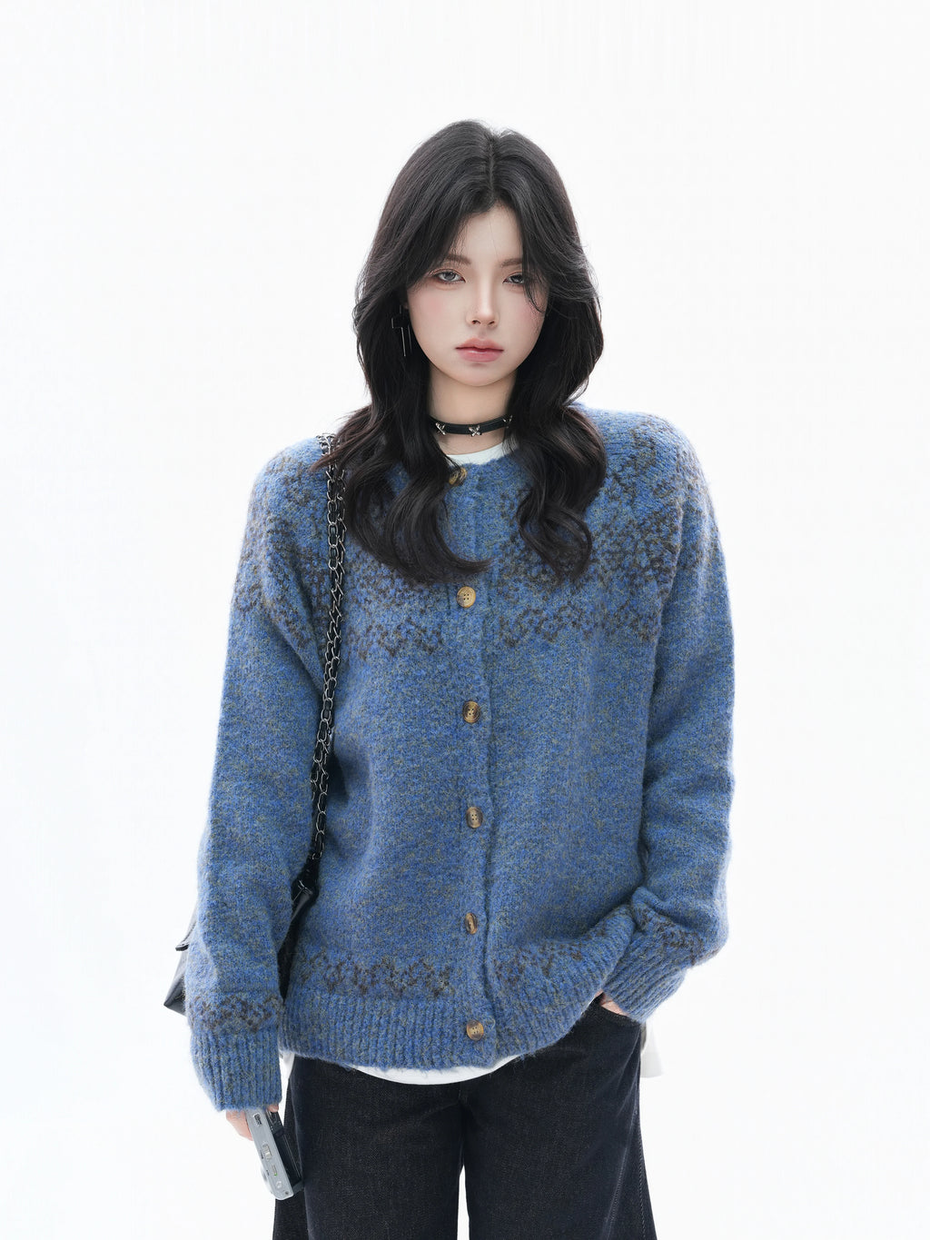 Zuocisankon Retro Tie-dye Jacquard Knitted Cardigan Sweater