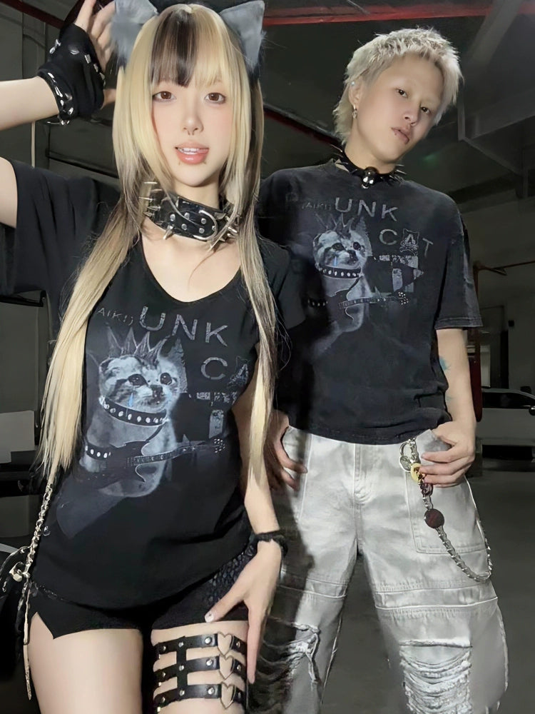 PAIKI2025SS Punk Rock Kitty Animal Print Tee