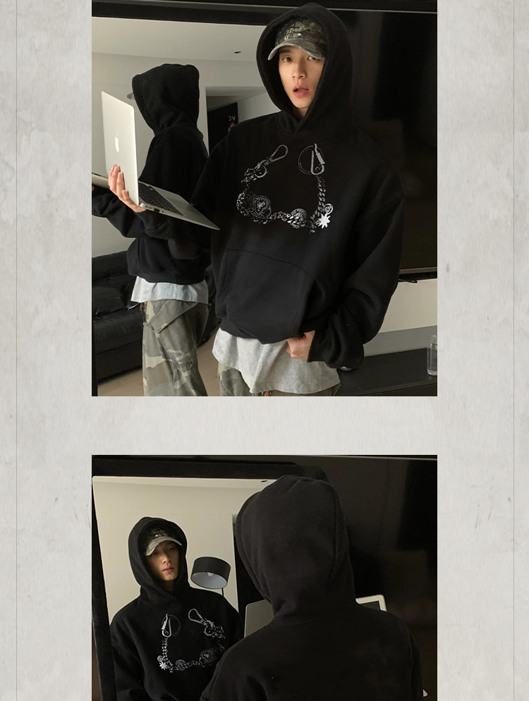 KONOOT Lucky Necklace Print Casual Versatile Hooded Sweater