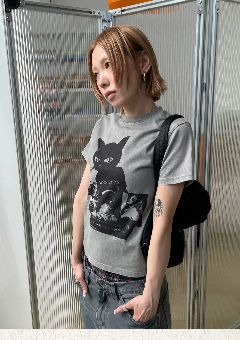 MMBBT Black Cat Print Casual Short Tee