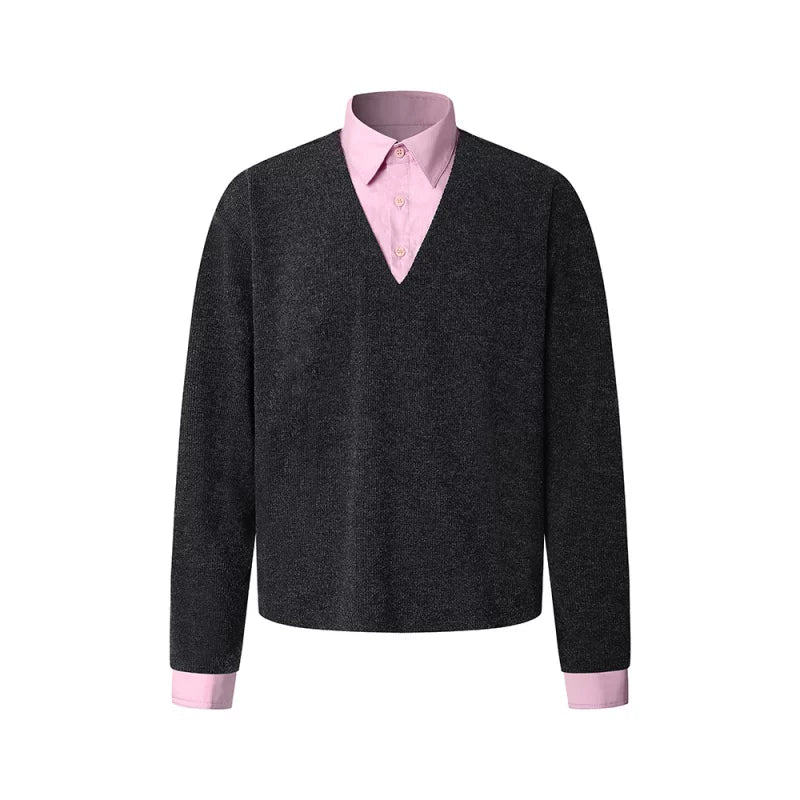 DIMC Fake Two-piece Color Matching Polo Collar Knitted Long Sleeve